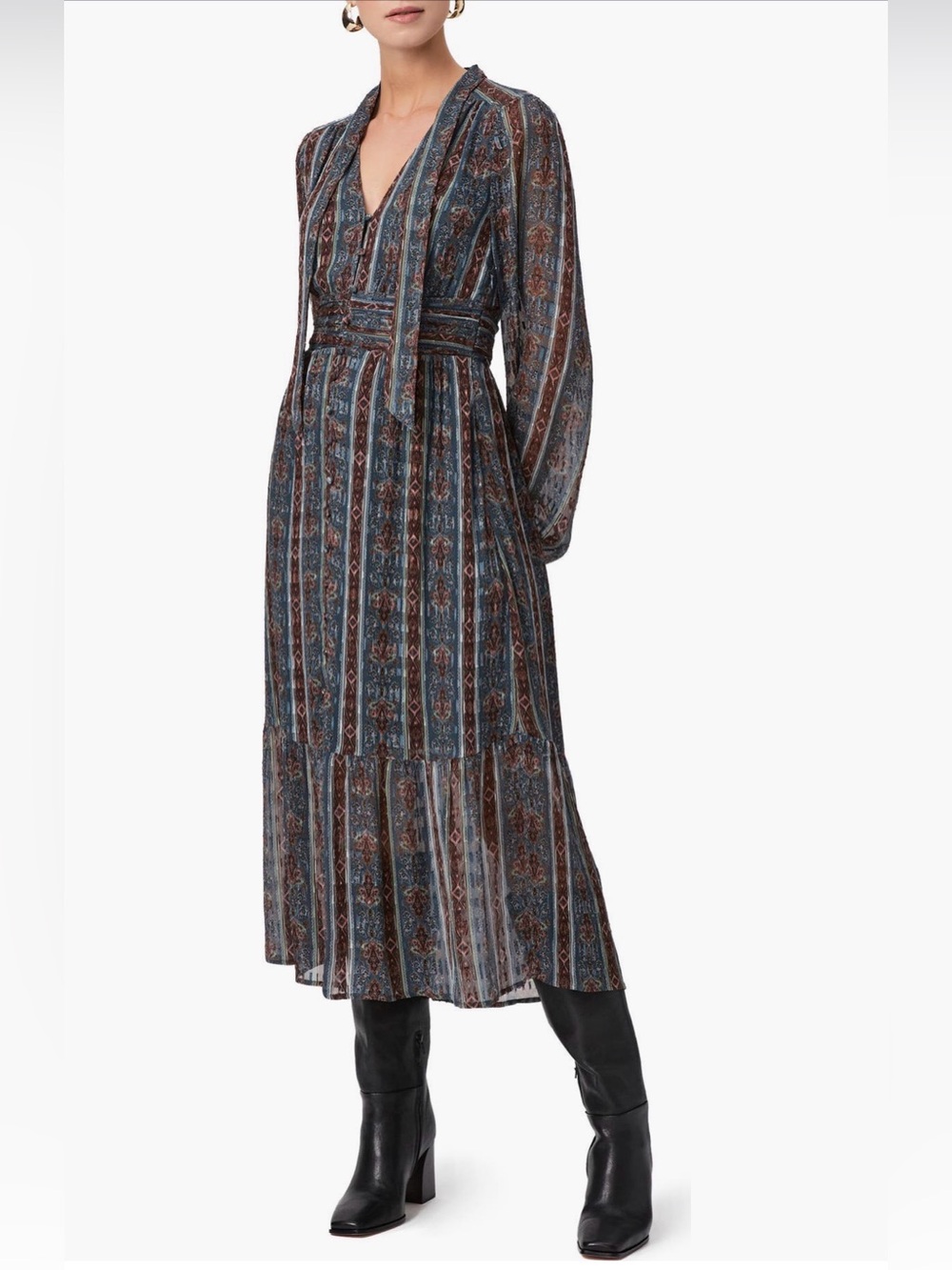PAIGE Gallery Long Sleeve Silk Blend Paisley Midi Dress Size 2 Boho